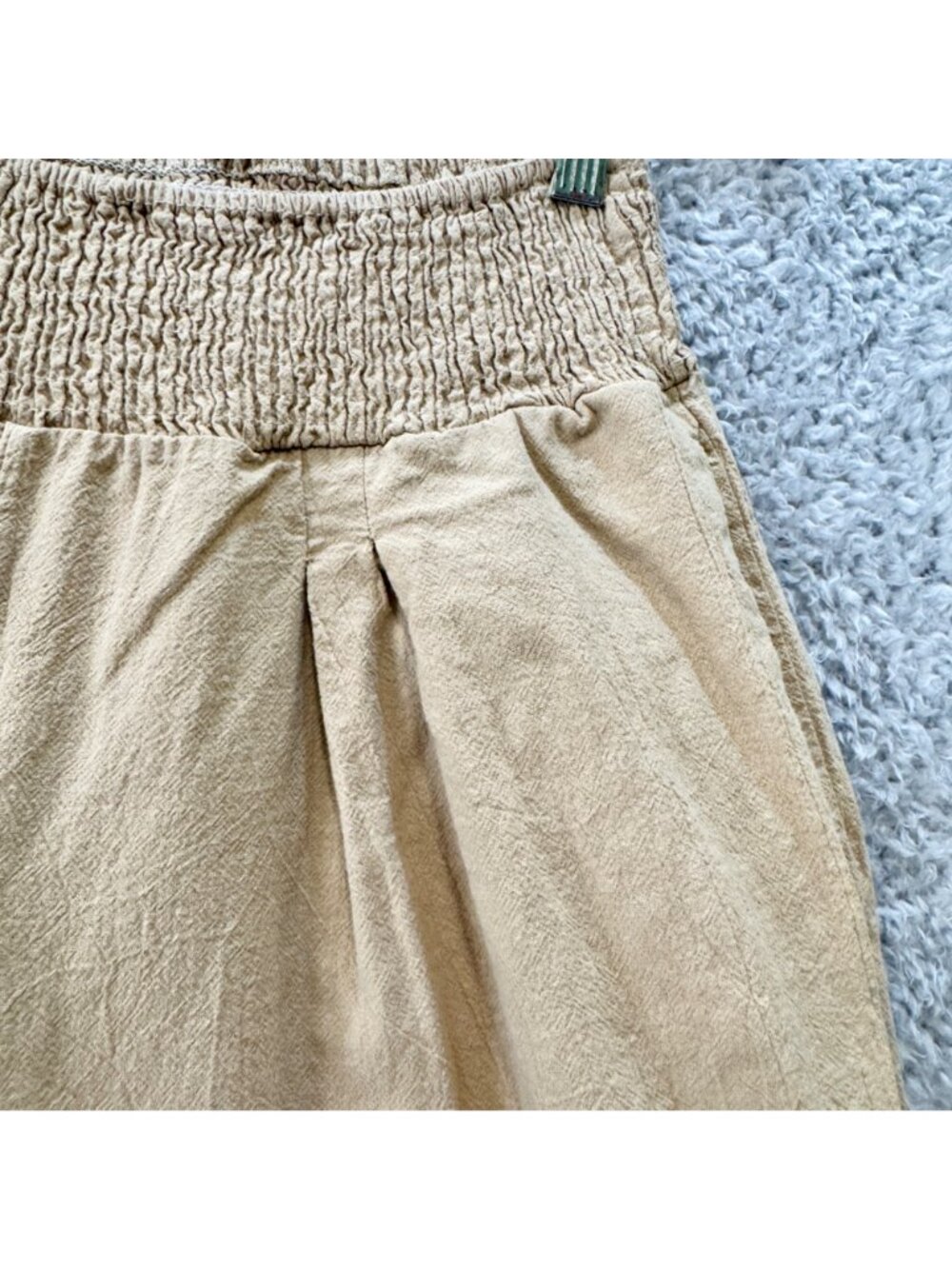 Wide-Leg Women's Linen Cropped Pants Smocked Waist Tan Relaxed Fit Boho Breezy - Picture 5 of 11